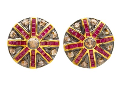 Lot 165 - A pair of Art Deco style ruby and diamond target ear studs.