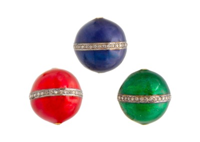 Lot 184 - A set of three diamond set guilloche enamel beads.