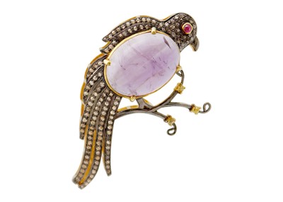 Lot 189 - An unusual silver gilt amethyst, diamond and ruby set, bird of paradise design, brooch pendant.