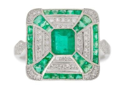 Lot 200 - An attractive Art Deco-style platinum emerald and diamond set dress ring.