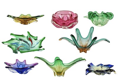 Lot 264 - Eight colourful art glass dishes of organic form.