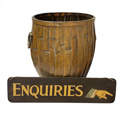 Lot 47 - An 'Enquiries' sign and bamboo storage basket.