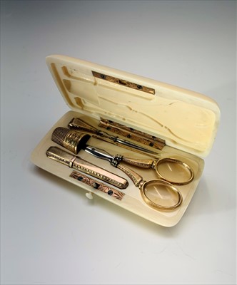 Lot 2563 - A 19th century French ivory etui with gold...