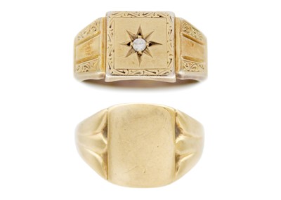 Lot 142 - A 9k gold gents signet ring and a 9ct gold and silver white zircon set signet ring.