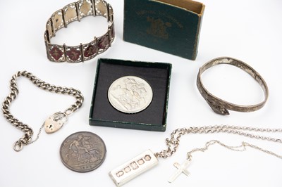 Lot 280 - A selection of silver and white metal jewellery and a Victoria 1897 crown coin.