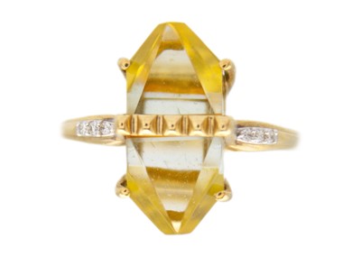 Lot 115 - A 9k gold 'Cosmic Obelisk' prasiolite, fire opal, and diamond ring, by Glenn Lehrer.