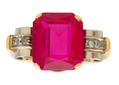 Lot 117 - An Austrian vintage 14k synthetic ruby and diamond ring.