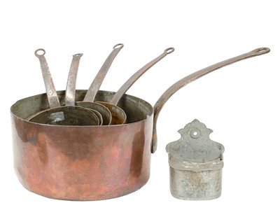 Lot 659 - Five French graduated copper saucepans.