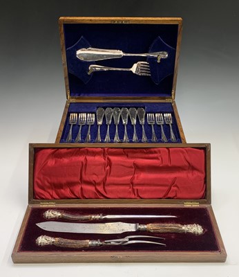 Lot 212 - A cased three piece carving set with stag horn...