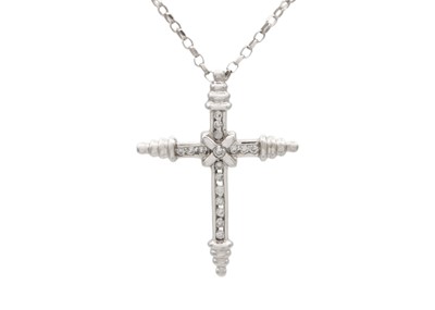 Lot 179 - A modern 9k white gold diamond set cross pendant on a 9k white gold 17.5" necklace.