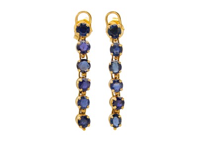 Lot 270 - A pair of blue sapphire pendant stud earrings, set in high purity gold (tests 18k).