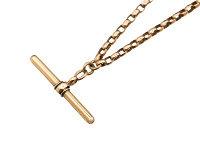 Lot 199 - A 9k rose gold belcher link chain with dog clip clasp and T-bar pendant.