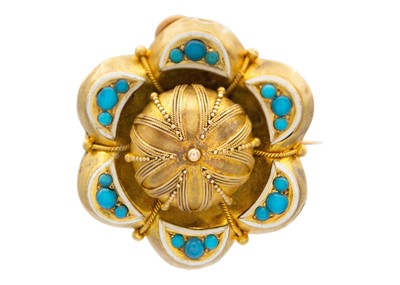 Lot 101 - A Victorian turquoise set high-purity yellow gold and white enamel locket brooch/pendant.