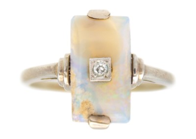 Lot 96 - An Art Deco opal and diamond 9k white gold ring.