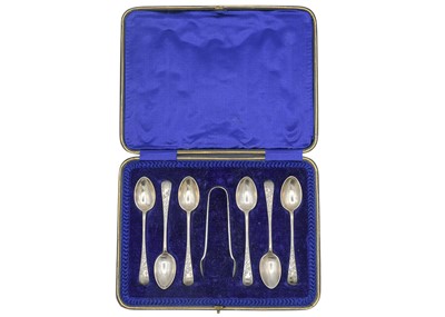 Lot 39 - An Edwardian cased set of six silver teaspoons and tongs by Joseph Rodgers & Sons.