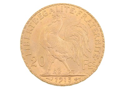 Lot 164 - A French 20 Francs 1913 gold 'Marianne Rooster' coin.