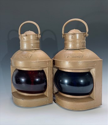 Lot 215 - A pair of ship's navigation lamps, the metal...