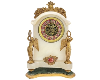 Lot 393 - A French alabaster and gilt metal mantel clock.