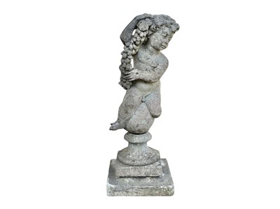 Lot 388 - A reconstituted stone garden sculpture of a putto holding a strand of hops.