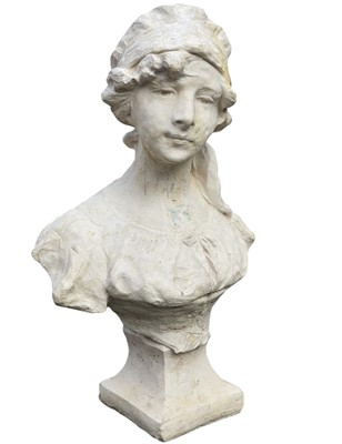 Lot 385 - A composition stone bust of a maiden wearing a bonnet.