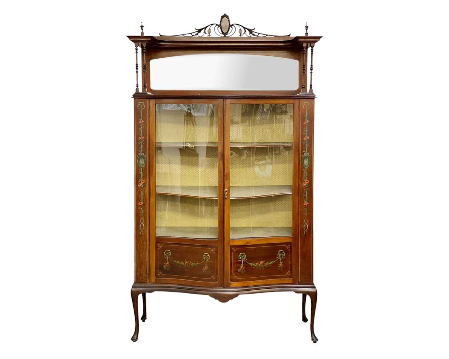 Lot 442 - A late Victorian mhogany, inlaid and painted display cabinet.