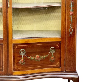 Lot 442 - A late Victorian mhogany, inlaid and painted display cabinet.