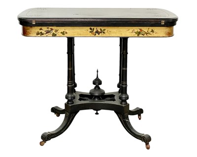 Lot 410 - A Victorian aesthetic movement ebonised fold top card table.