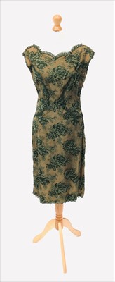 Lot 3027 - A vintage olive green silk lined lace dress,...