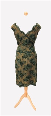 Lot 3027 - A vintage olive green silk lined lace dress,...