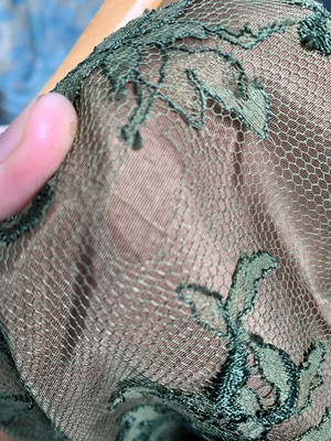 Lot 3027 - A vintage olive green silk lined lace dress,...