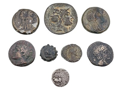 Lot 166 - ANCIENT GREEK COINAGE - An Illyria Apollonia Drachm silver coin, and seven various bronze coins.