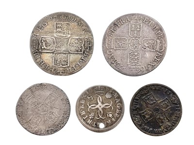 Lot 108 - A selection of GB four milled silver coinage and a Queen Anne gaming token.