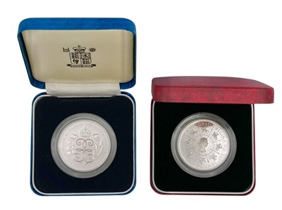 Lot 192 - Two Royal Mint silver-proof crown coins in boxes with certificates.