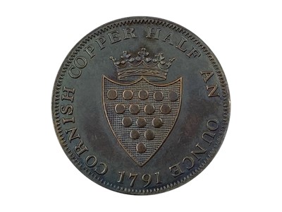 Lot 59 - CORNISH TOKEN - A 1791 Druid's head 'CORNISH COPPER HALF AN OUNCE' token.