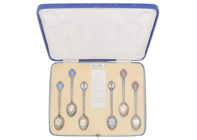 Lot 44 - A cased set of six George VI silver & enamel 1936 Royal Commemorative teaspoons by W H Haseler Ltd.