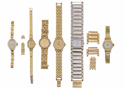 Lot 99 - Raimond Weil ladies' gold-plated bracelet wristwatch with other watches.