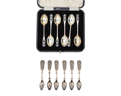 Lot 102 - A George VI cased set of silver demitasse spoons, & a set of six Indian white metal filigree spoons.