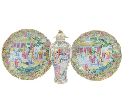 Lot 626 - A pair of Canton Famille Rose porcelain chargers.