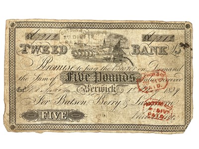 Lot 103 - An early Victorian Tweed Bank Berwick £5 five pounds banknote.