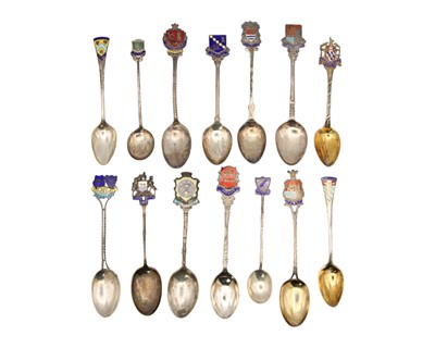 Lot 53 - A collection of 32 silver and enamel souvenir teaspoons.