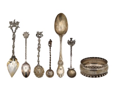 Lot 73 - A selection of six silver spoons and a napkin ring.
