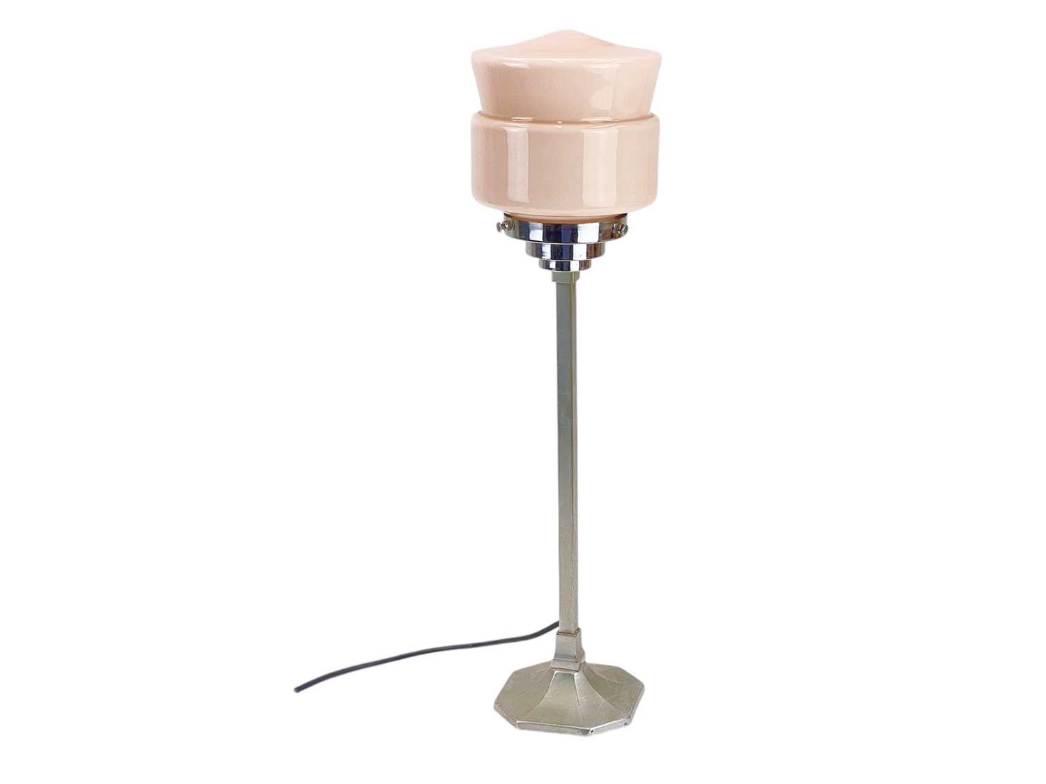Lot 477 - An Art Deco chrome and pink glass table lamp.