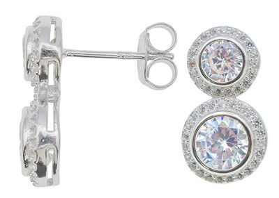 Lot 104 - A pair of silver CZ double-halo drop earrings.