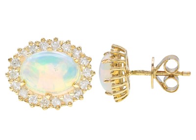 Lot 110 - A pair of 9k gold opal cabochon and diamond halo stud earrings.