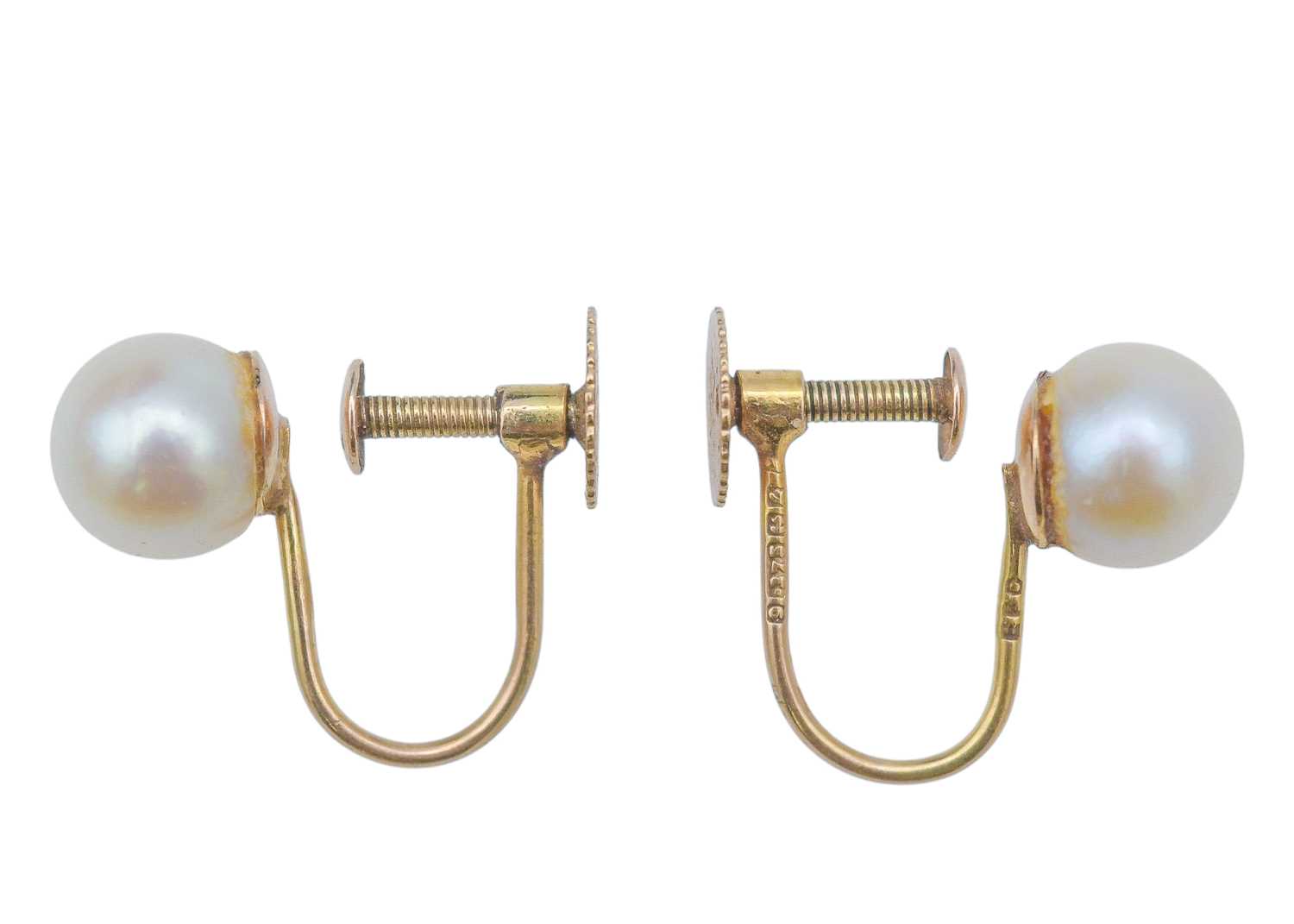 Lot 14 - A pair of 9k gold cultured pearl clip-on earrings.