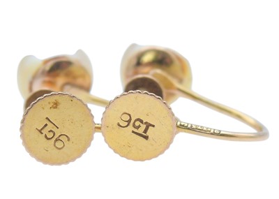 Lot 14 - A pair of 9k gold cultured pearl clip-on earrings.