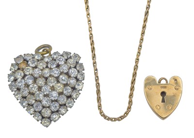 Lot 105 - Two 9k gold jewellery items, and a base metal paste set heart-shaped pendant.