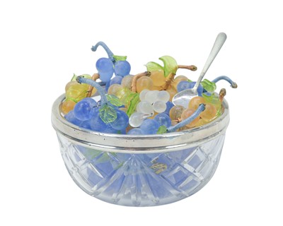 Lot 247 - An Edwardian cut glass ice bucket with silver rim, handle and strainer.