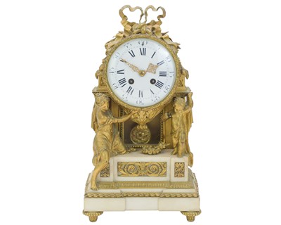 Lot 790 - A French ormolu and marble mantel clock.