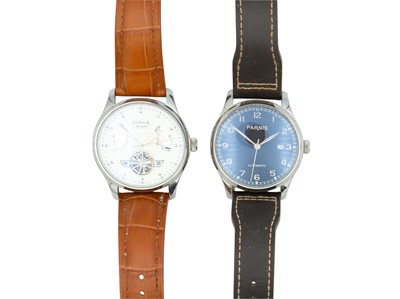Lot 1097 - PARNIS - A selection of three gentleman's automatic stainless steel wristwatches.